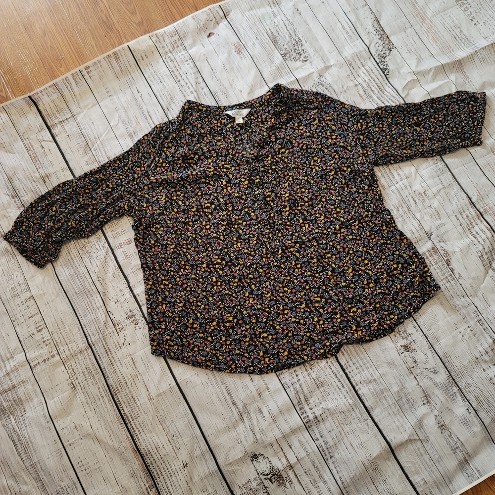 Market & Spruce Black Top Women Size 1X Floral Pattern 3/4 Sleeves